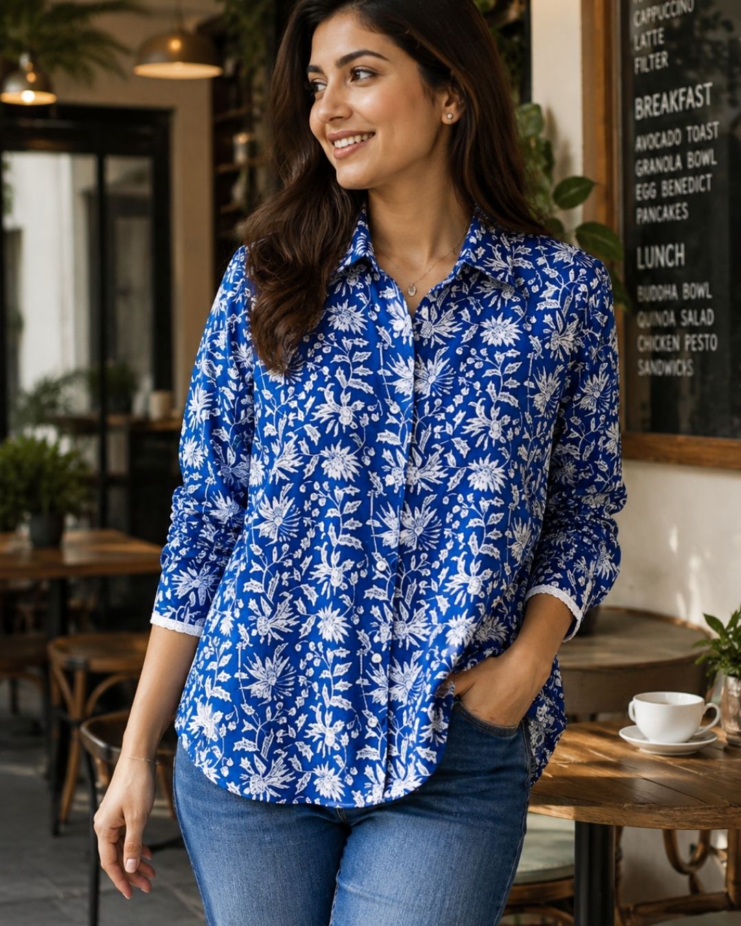 A woman wearing a blue and white tropical floral print button-down shirt and blue jeans, standing in a cafe setting.