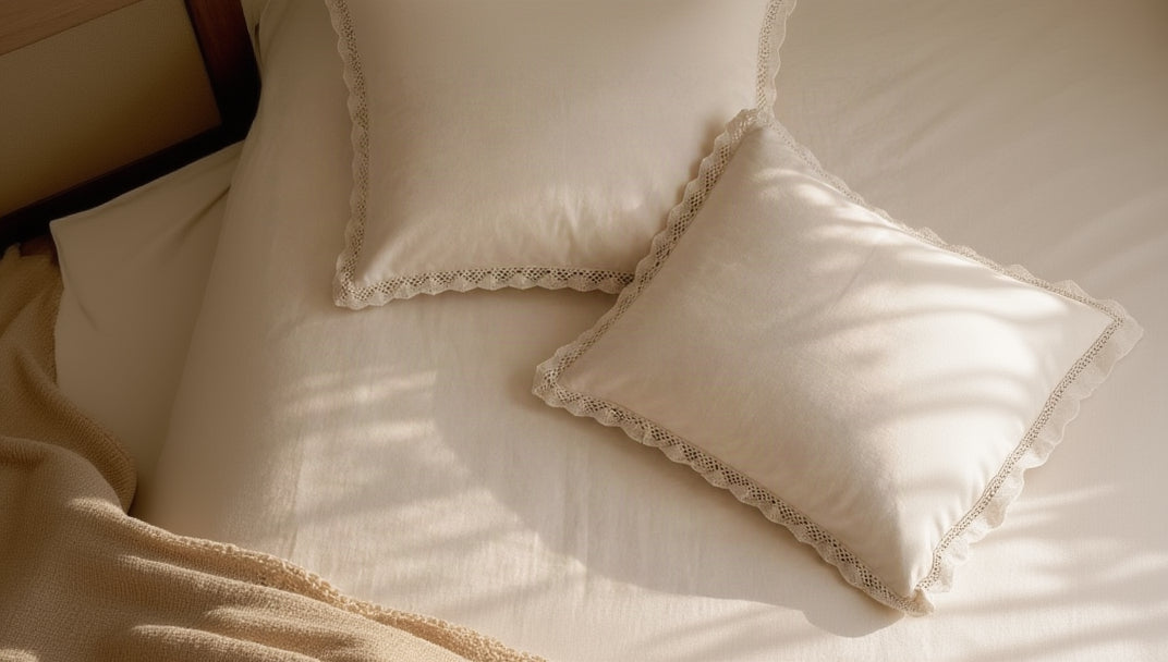 Two cream-colored decorative pillows with scalloped crochet lace trim, styled on a matching cream bedspread with soft sunlight shadows and a crocheted throw blanket in the corner.