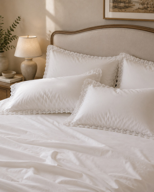 White bedding set with decorative lace-trimmed pillows on a neatly made bed in a softly lit bedroom.