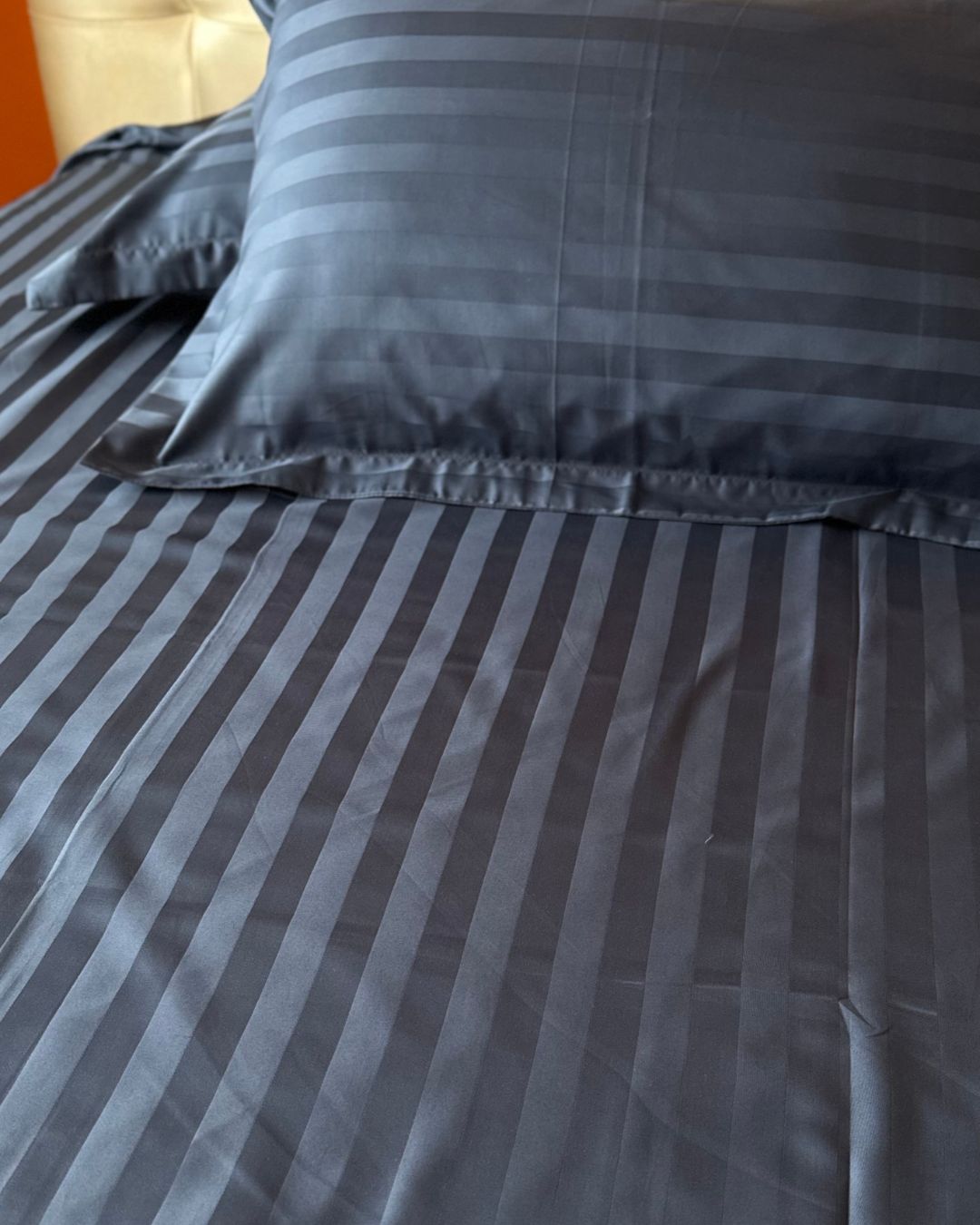 Navy Sateen Stripes Bedsheet Set
