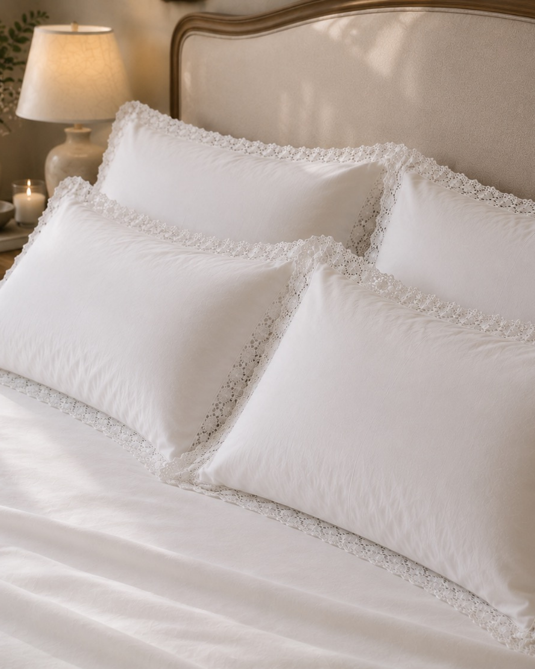 Four white decorative pillows with delicate lace trim arranged on a bed with white bedding, set against a warm beige upholstered headboard in a softly lit bedroom.