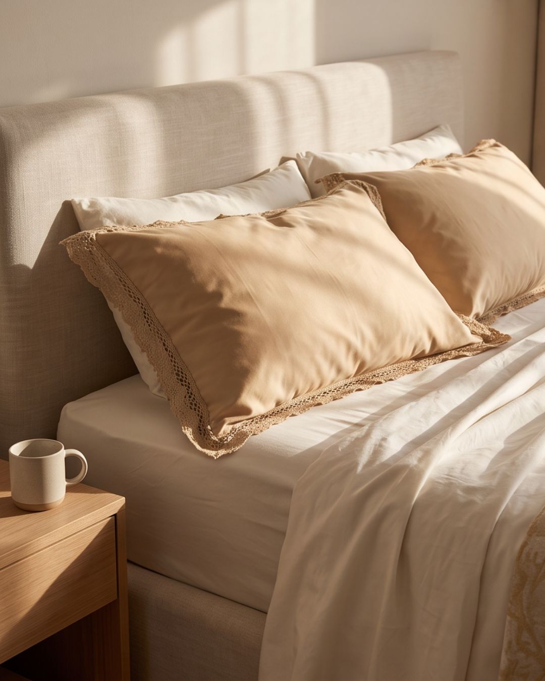 A styled bedroom scene with beige and cream bedding, including two decorative pillows with lace trim, a beige upholstered headboard, white sheets, and a wooden bedside table with a white mug.