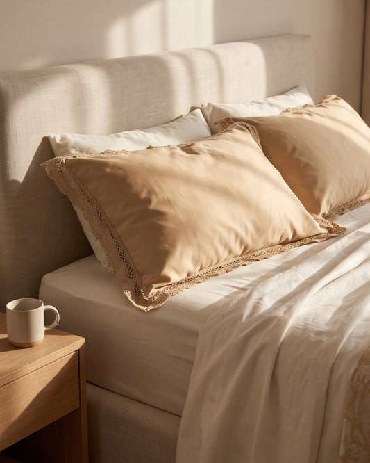 A styled bedroom scene with beige and cream bedding, including two decorative pillows with lace trim, a beige upholstered headboard, white sheets, and a wooden bedside table with a white mug.