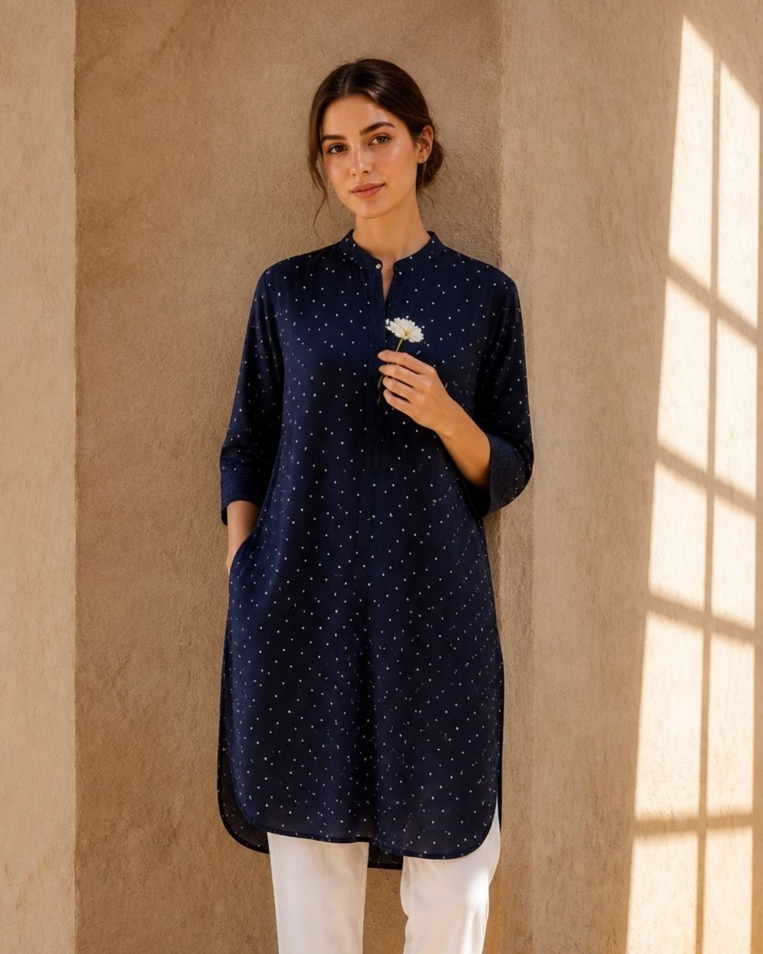 A woman models a navy blue kurta with small white polka dots, paired with white pants, standing against a textured beige wall with warm sunlight casting windowpane shadows.