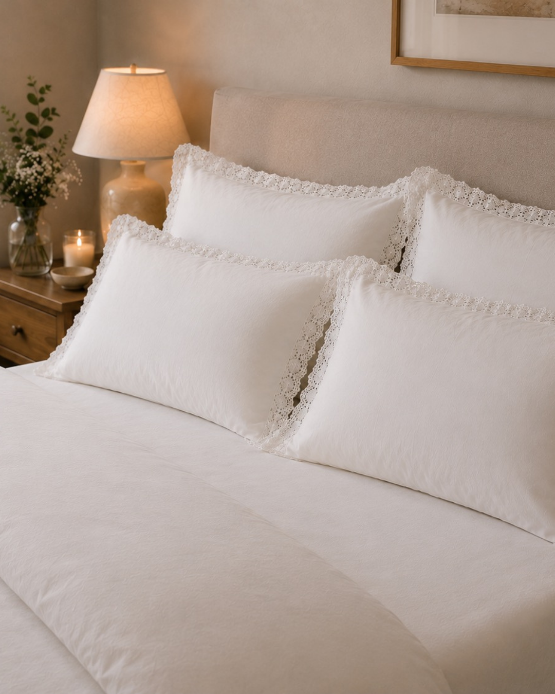 White bed linens with delicate lace trim arranged on a bed in a softly lit bedroom setting.