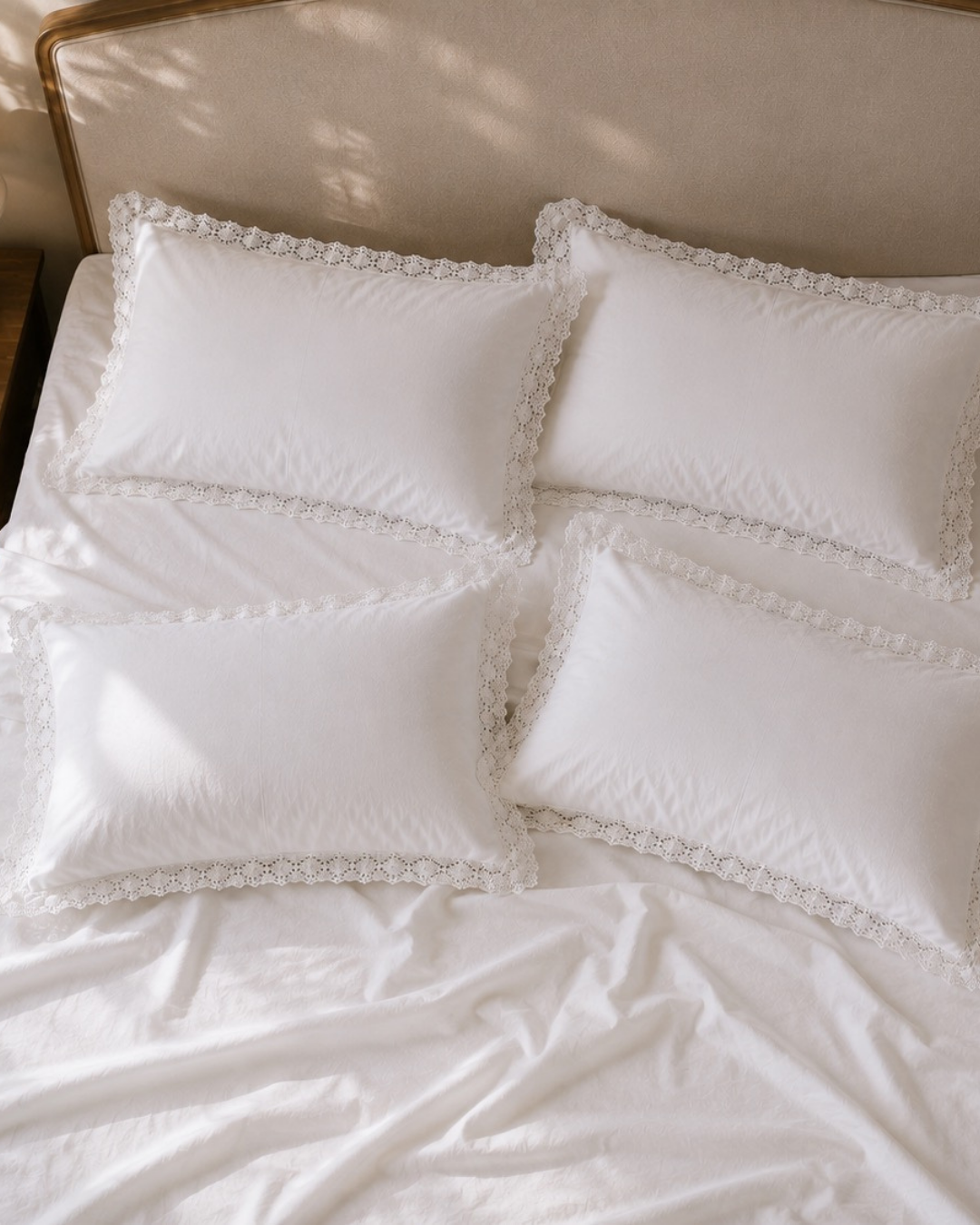 Four white rectangular pillows with delicate lace trim arranged on a bed with white bedding and a beige upholstered headboard.