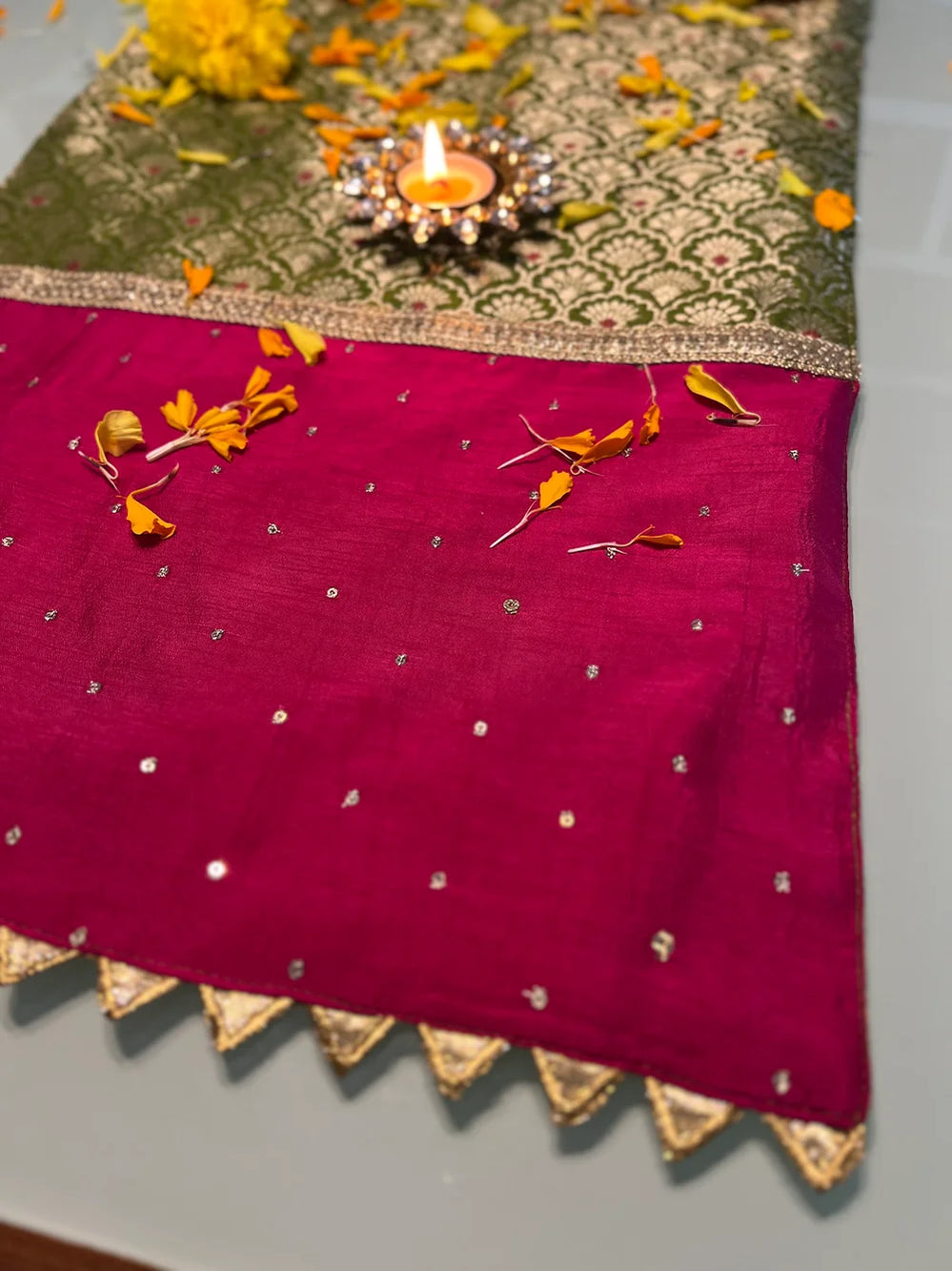 Banaras Green Pink Table Runner